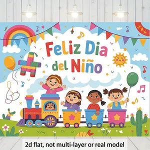 2D Flat, 1pc Children's Day Feliz Día del Niño Banner - Vibrant Mexican-Themed Party Decorations with Balloons, Cacti & Train Cutouts - Durable Fabric Backdrop for Classroom, Photo Booth, Ho