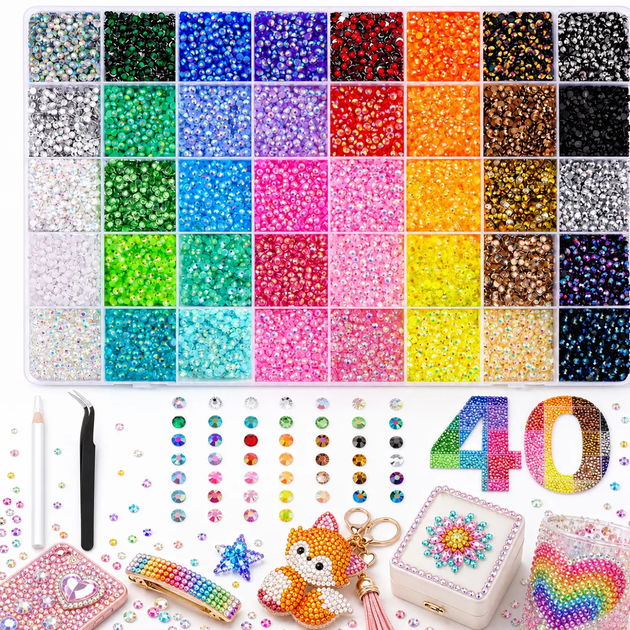 40-Color Nail Rhinestone Kit with Flatback Glass & Resin Gems, Includes Universal Tool Set - Cute DIY Accessories for Chic Nail Art & Crafts, Nail Rhinestones, Funky