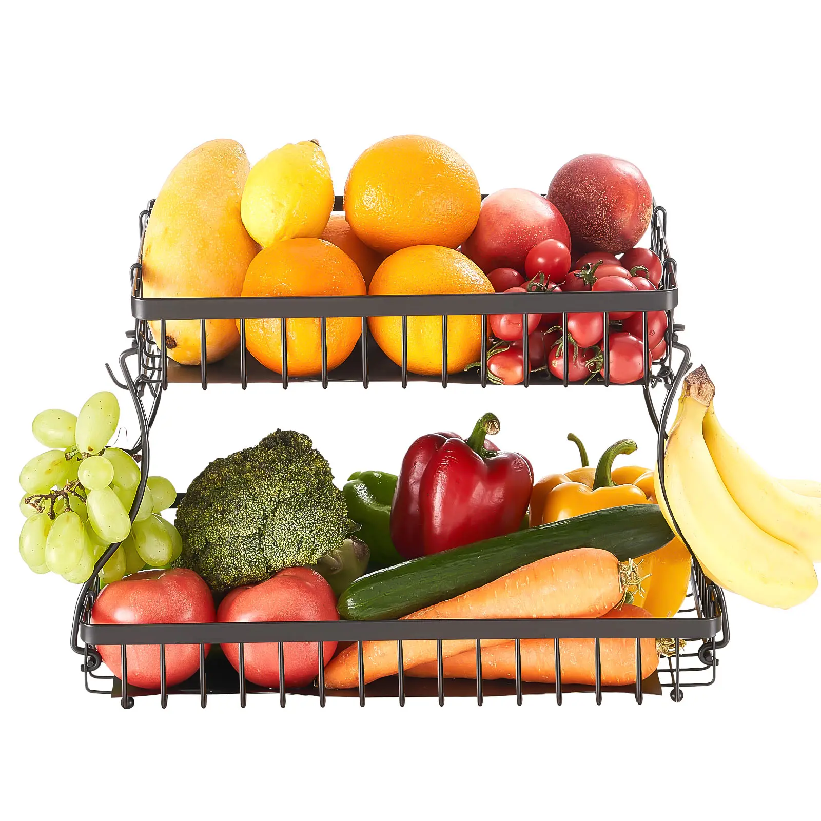 VEVOR 2-Tier Adjustable Dual Removable Fruit Basket, Countertop Metal Wire Storage Stand with Banana Hanger, Kitchen Organizer for Fruits, Vegetables, Bread, Snacks, Black, Adjustable Basket, Dual Removable Basket