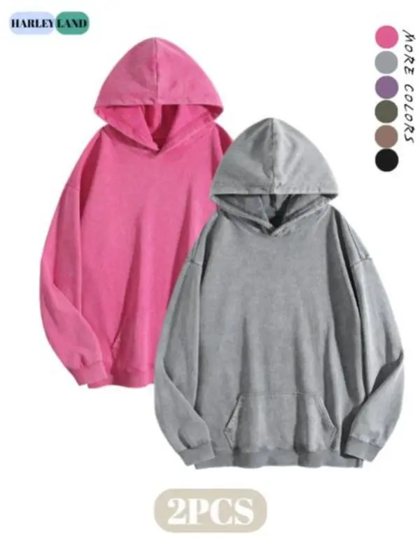 HarleyLand Women's 2Pcs Oversized Acid Wash Golden Kangaroo Pocket Hoodies, Unisex Vintage Street Style Pullover Long Sleeve Everyday Casual Tops for Fall Winter, Ribbed, Basic, Fit, Fleece, Longsleeves, Soft, Retro