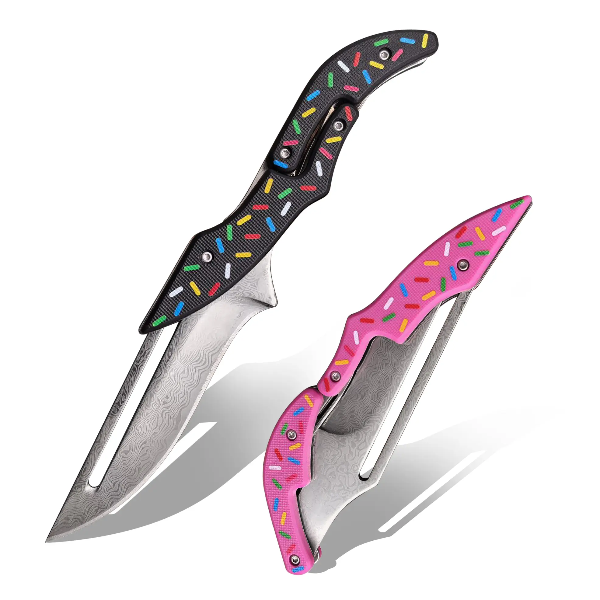 Cute Donut Sprinkle Design Foldable Fruit Peeler Damascus Pattern Blade Portable Camping Hiking Outdoor Kitchen Tool For Apple Peeling Box Opening Food Cutting
