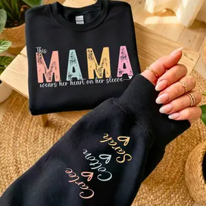 Custom This Mama Wears Her Heart On Her Sleeve Sweatshirt, Personalized Mom With Kids Names Tee, Motherhood Gift, Mother's Day Gifts