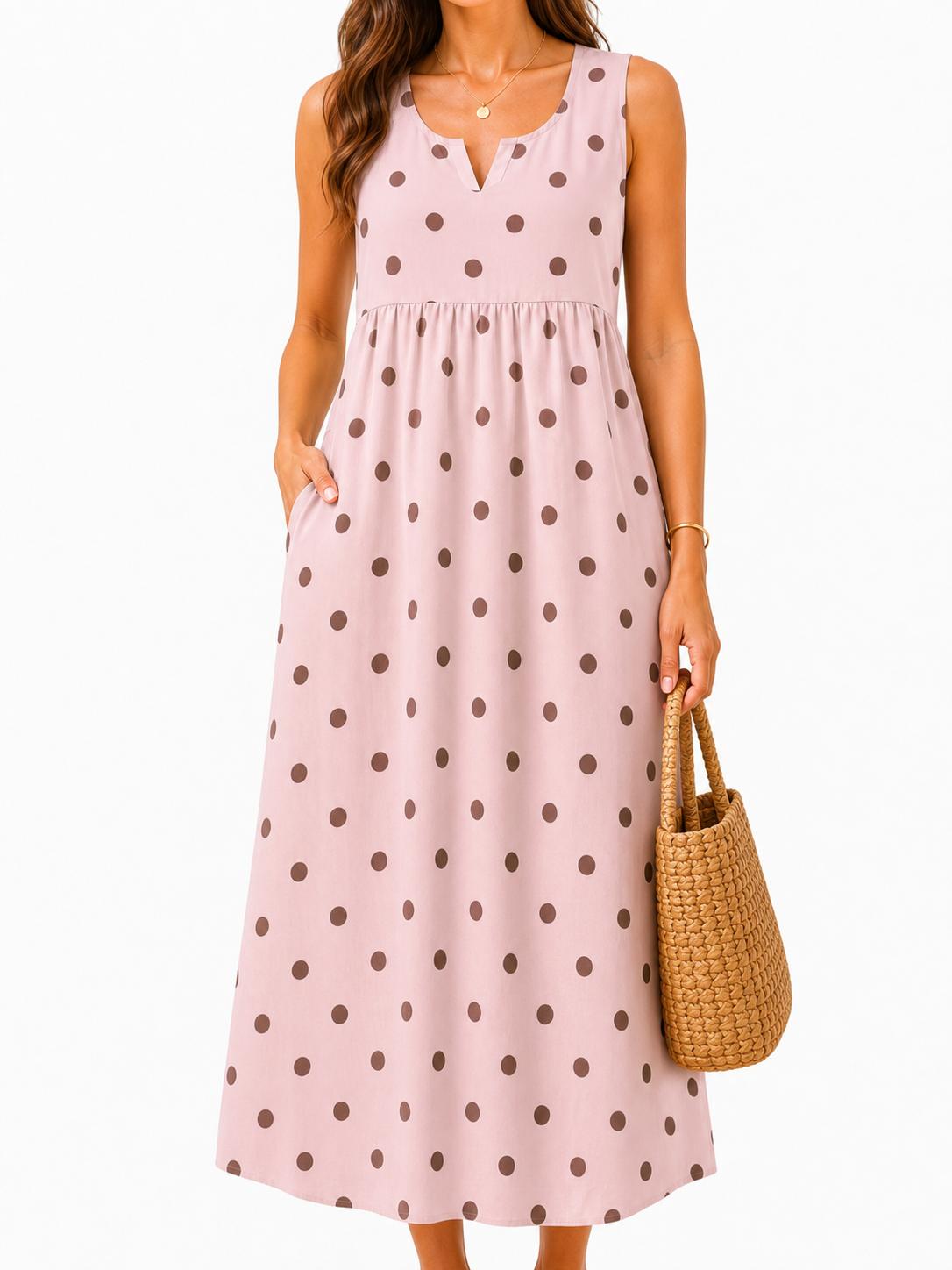 Polka Pockets Long Dress Sleeveless Berry Garden Sleeveless Maxi Dress Casual Summer Vacation Dress Womenswear Fitted Vneck