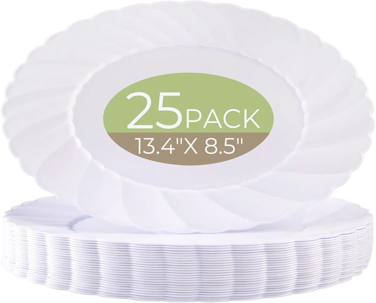 25 Count Oval White Plastic Plates - 13.4 inch Large Disposable Plates Heavy Duty, Ideal for Party, BBQ, Picnic and Weddings