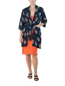 MORPHEW COLLECTION Indigo Blue Tiger Head Novelty Print Cold Rayon Bias Kimono MASTER OS