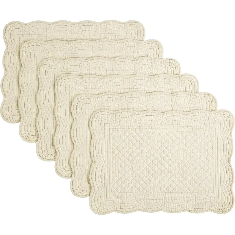 Classic 100% Cotton Flax-Infused Scalloped Edge Placemats Set of 6, 13x18 in Rectangular Soft Breathable Washable Table Mats for Family Kitchen Table Use, Family Use