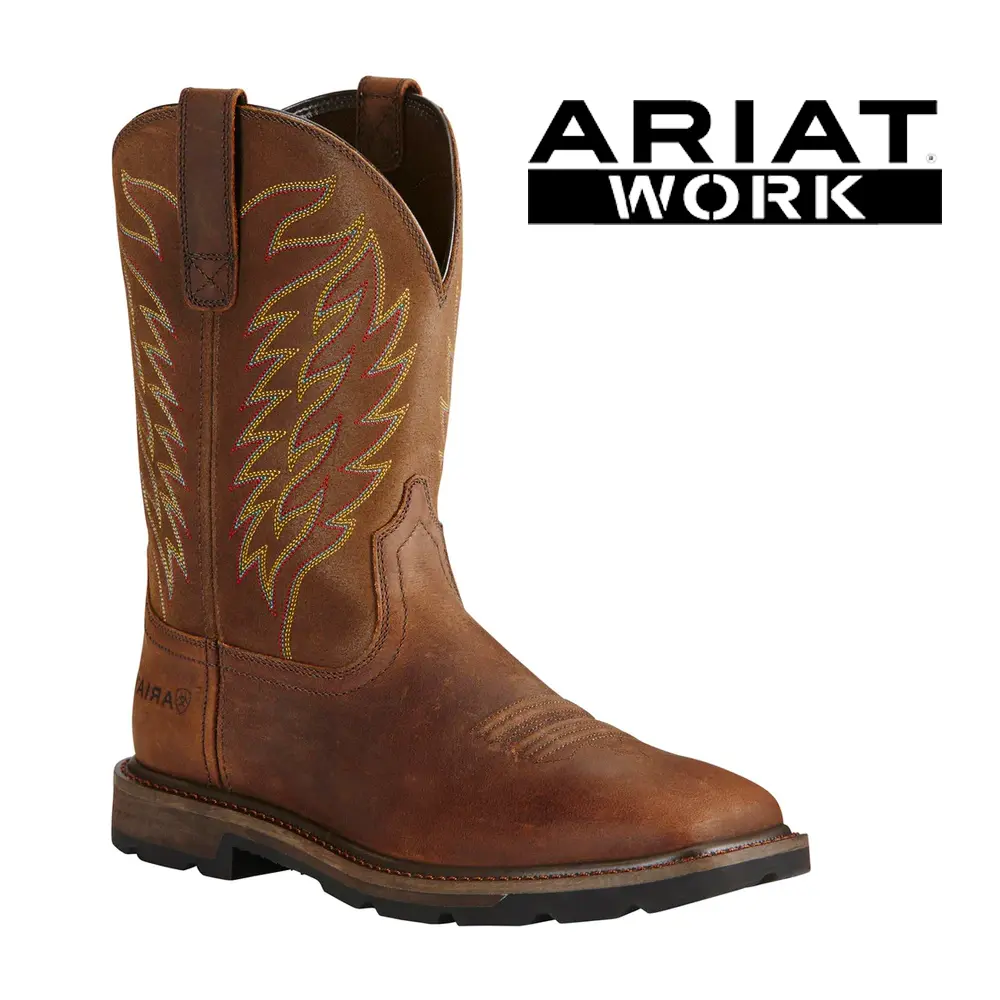 Ariat Men's Groundbreaker 10" Leather Western Work Boot, Soft Toe, EH Rated, Oil & Slip-Resistant Footwear, Shoe, Worker, Construction Wear, Heavy Labor, Stitch Detail