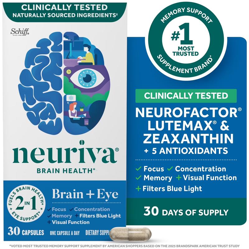NEURIVA Brain + Eye Supplement For Memory, Focus & Concentration with Lutein & Vitamins A C E and Zinc for Eye Health & Zeaxanthin to Filter Blue Light, 30ct Capsules