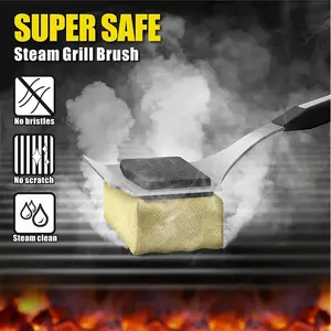 Bristle Free Grill Brush with Scraper for Outdoor Grill Cleaning, Safe Steam BBQ Grill Cleaner, Replaceable Head, Grilling Accessories for Cast Iron, Stainless Steel, Porcelain, Ceramic Grates - Red