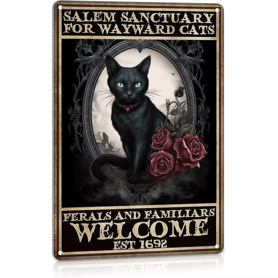 Salem Black Cat Gothic Metal Sign - 8x12" Halloween Witchy Decor for Goth Room Kitchen Home