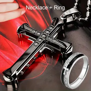 2 Pcs Titanium Steel Cross Pendant Necklace + Ring - Sparkling Zirconia, Classic Jewelry, Perfect Holiday Gift for Men, Durable, Anti-Allergy, Nickel-Free christian accessory cubic zirconia inlaid