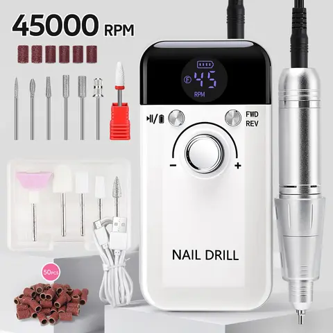 45000 RPM High-Speed Nail Drill Machine Kit - Acrylic/Gel Care, 1200mAh Battery, 8-10 Hours Runtime, Compact Lightweight Handle, Multifunctional Bits, Large LCD Display, Easy Bit Change, Durable Plastic Portable Salon Tool for Nail Techs
