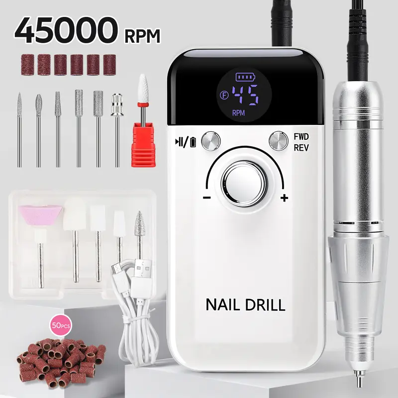 45000 RPM High-Speed Nail Drill Machine Kit - Acrylic/Gel Care, 1200mAh Battery, 8-10 Hours Runtime, Compact Lightweight Handle, Multifunctional Bits, Large LCD Display, Easy Bit Change, Durable Plastic Portable Salon Tool for Nail Techs