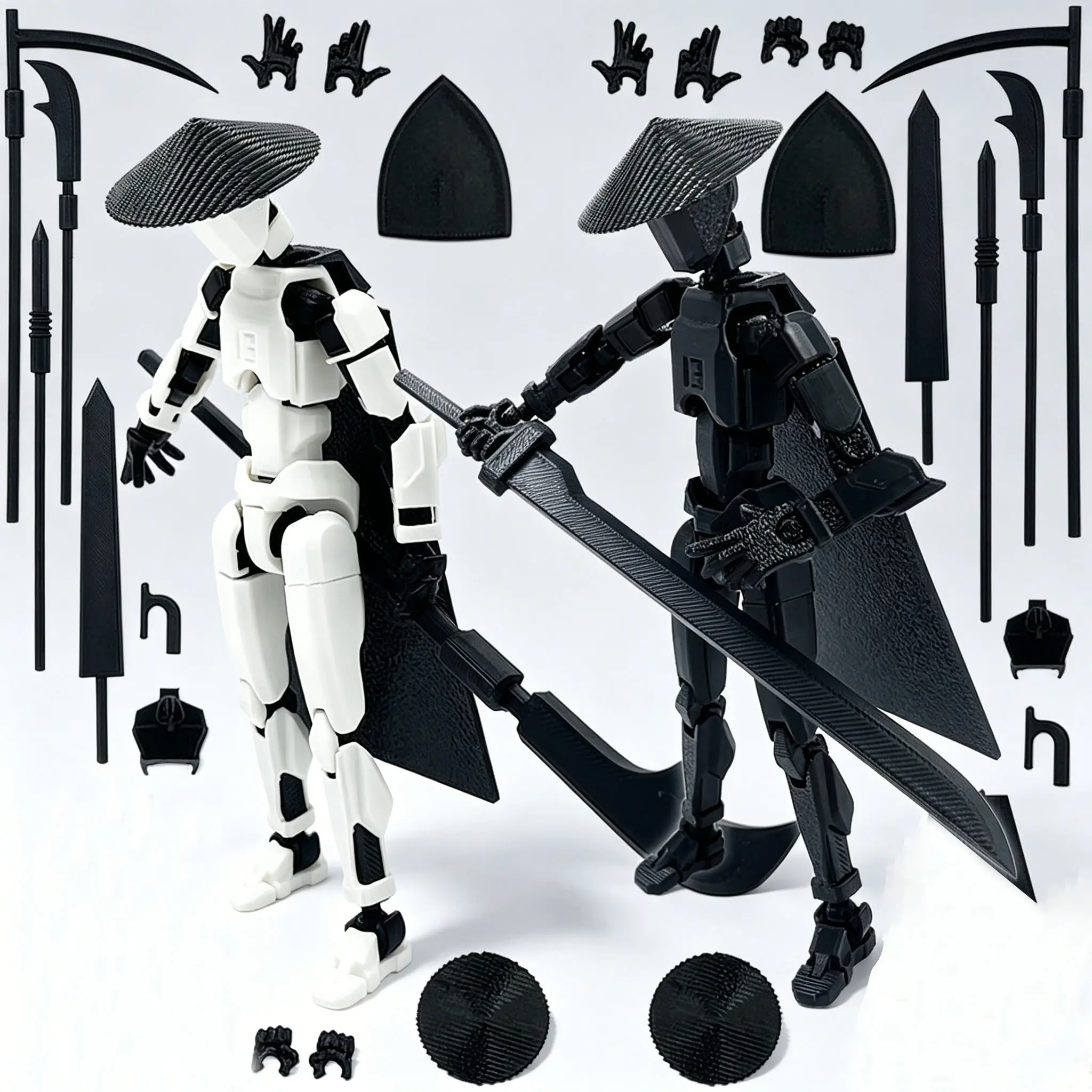 T13 3D Action Figures Set 8.1in Ronin Samurai Warrior Action Figure | 3D Printed Posable Figure with Hat, Cape & Assorted Weapon Set