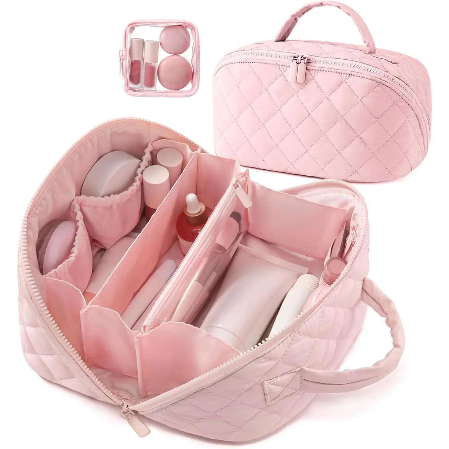 Women's 180° Flat Lay Water-Resistant Makeup Bag - Wide Open Lay-Flat, Foldable Puffy Padded Multi-Compartment High-Capacity Travel Toiletry Organizer for Makeup Products & Brushes, Polyester, Makeup Organization, Zipper Closure