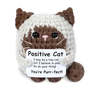 1pc Handmade Crochet Tiny Cat with Cheer Up Card, Knitted Cute Cat Doll for Room Office Desktop Decoration, Creative Positive Potato Cat for Christmas and Birhtday Gift for Girls, Cuddly Stuffed Animal, Soft Stuffed Animal, Crochet Figure