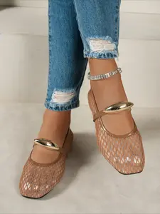 Women's Retro Square Toe Mesh Flat Shoes, Summer Breathable Ankle Strap Loafers, Versatile Soft Sole Commute Shoes, Breathable Summer Footwear