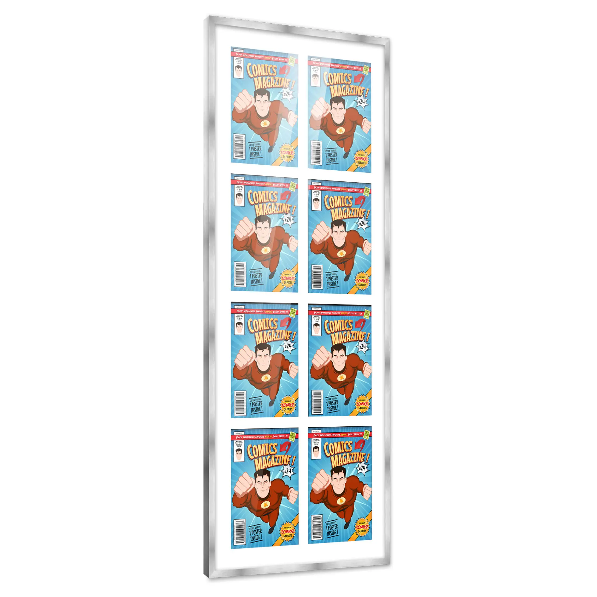 Comic Book Frame with Mat for 8 Silver Age Comics Published Between 1956 and 1970 - Silver Wood Comic Frame With White Mat for 7.125x10.5 Comics - 20x50.5 Frame Size