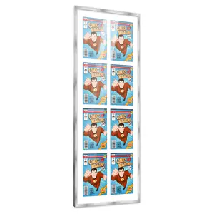 Comic Book Frame with Mat for 8 Silver Age Comics Published Between 1956 and 1970 - Silver Wood Comic Frame With White Mat for 7.125x10.5 Comics - 20x50.5 Frame Size