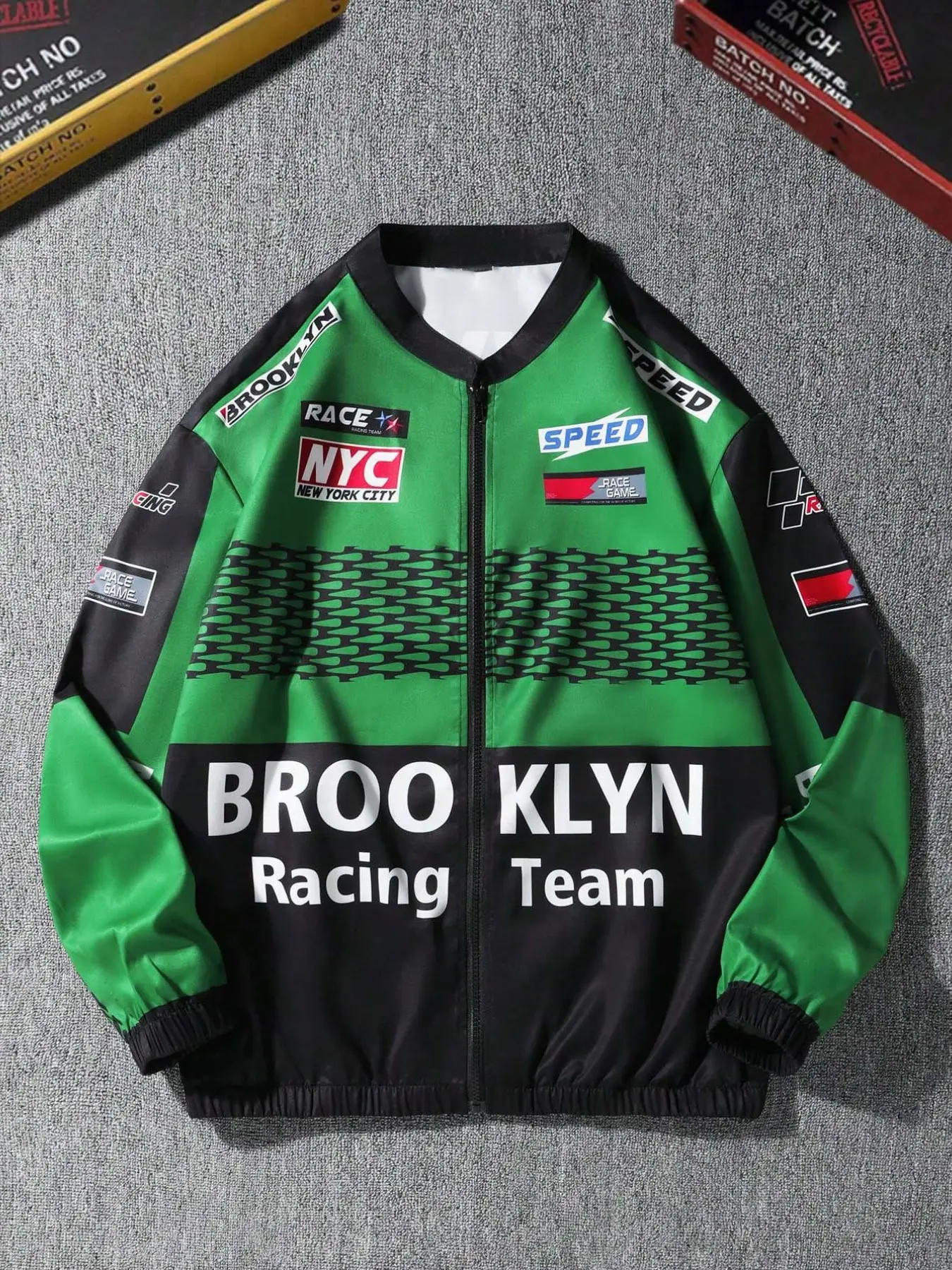 Trendy Men's "Brooklyn Racing Team" Jacket, Green & Black Motorsport Bomber, Edgy Streetwear Windbreaker for Street Style & All-Day Daily Wear #MensStreetwearJacket #MotorsportAestheticFashion #VersatileRetroTop