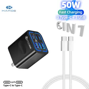 50W 3USB C + 3 USB Charger Type-C Fast Charging Wall Charger 6-Port 3USB-A+3USB-C Charging QC3.0+PD Power Adapter Travel Charger Wall Charge for iPhone 17 Pro Max/16/15/14/13/12/Pro/XR/SE, Pro/Air, Compatible for Samsung etc Android phones