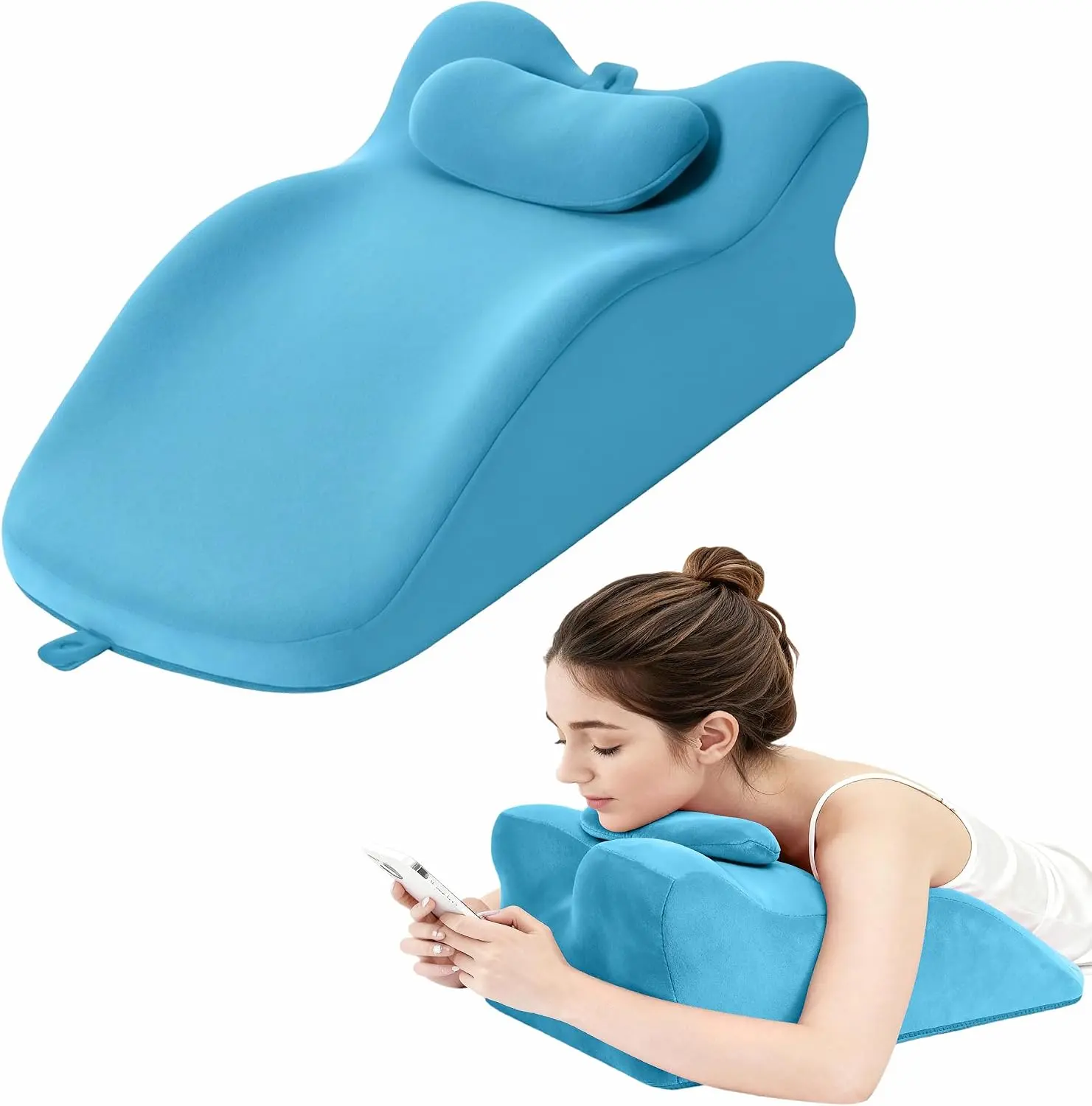 Memory Foam Ergonomic Wedge Pillow, Prone Pillow for Sleeping, Reading Pillow for Bed, Ergonomic Support for Back Pain & Sitting Up, Ideal for Massage, with Removable Cover (Blue)