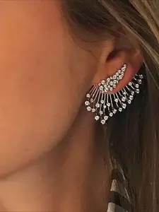 Luxurious Sparkling Cubic Zirconia Earrings Cuff Earrings for Women, High Quality Earrings, Silver Plated Fan-shaped Rhinestone Ear Wrap, Statement Prom Wedding Jewelry, Dangle Earrings