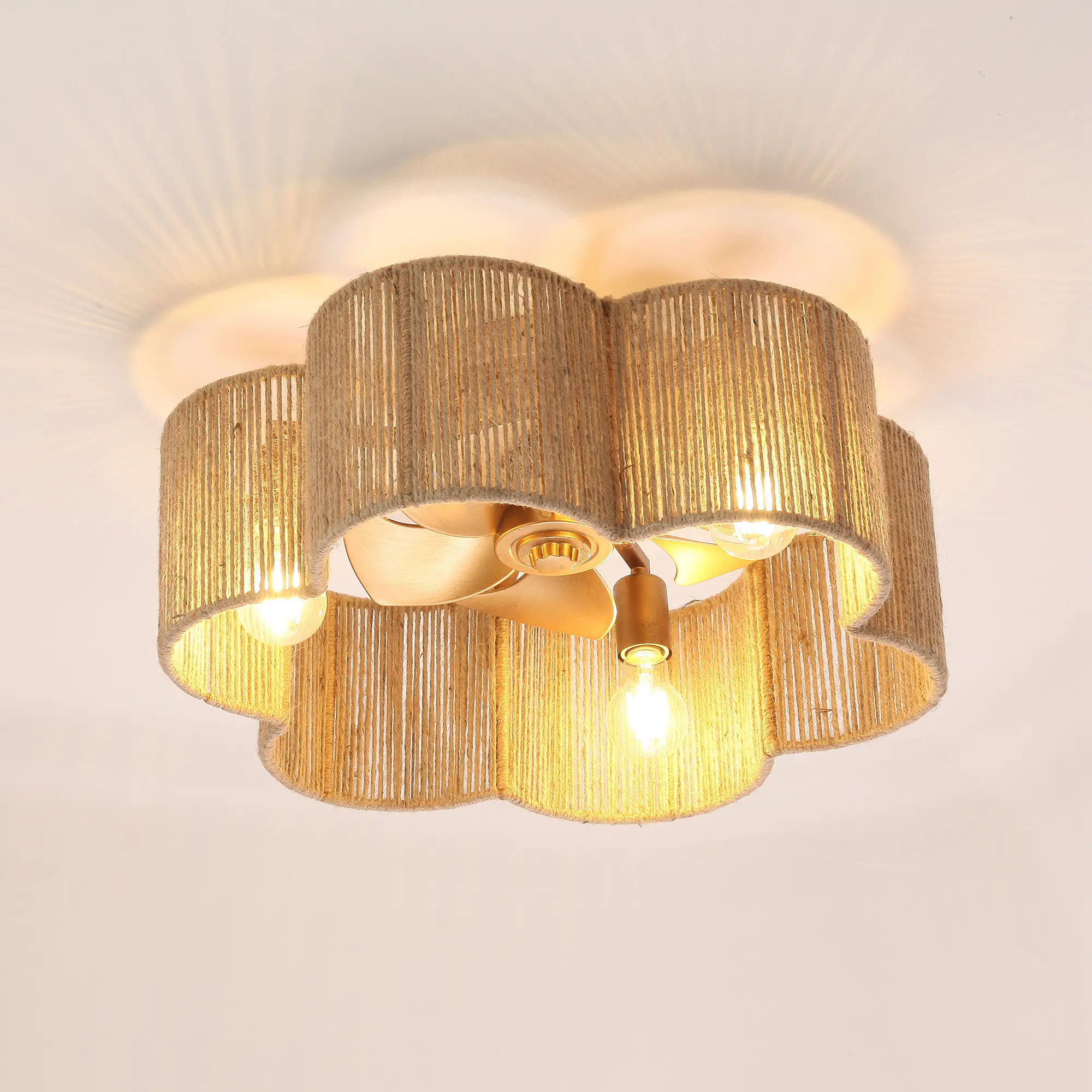 PARROT UNCLE 21 Inch Golden Flower-shape Farmhouse Rattan Flush Mount Ceiling Fan with Light APP & Remote Control 6-Speed Home Lighting