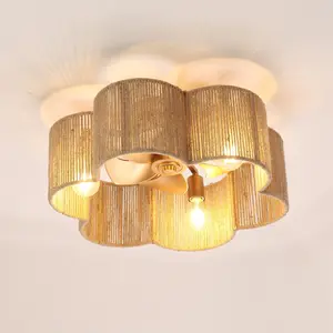 PARROT UNCLE 21 Inch Golden Flower-shape Farmhouse Rattan Flush Mount Ceiling Fan with Light APP & Remote Control 6-Speed Home Lighting