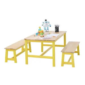 【fathersdaygift】VEVOR Kids Table and Bench Set, Toddler Table and Chair Set of 3, Wood Activity Table for Art, Craft, Reading, Learning