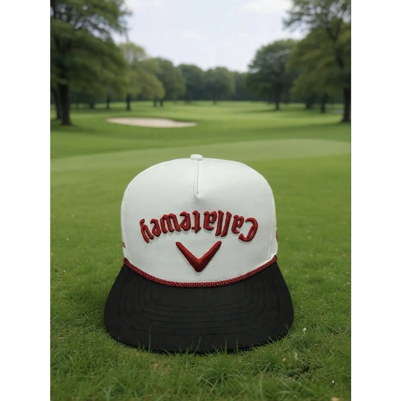 Callatewey Golf Cap - White with Red Logo, Black Brim, Adjustable Fit, Perfect for Golfing