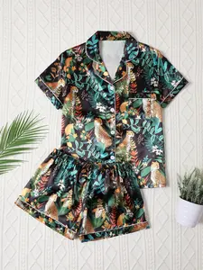 Valentine's Day Casual Tiger Print Women's Pajama Set, Button Front Short Sleeve Top and Loose Elastic Pants, Comfortable All-Season Sleepwear