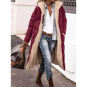 Knee-Length Polyester Long Padded Jacket Coat - Elegant Solid Color Fleece Lined Winter Warmth Outerwear with Zipper Detail Fabric Puffer Womenswear