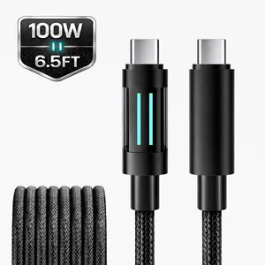 100W USB-C to USB-C Fast Charging Cable with LED Indicator, 6.5FT Braided Nylon Type-C Cable for iPhone 17 / 16 / 15 Pro / Pro Max / Plus , Samsung, Pixel, OnePlus