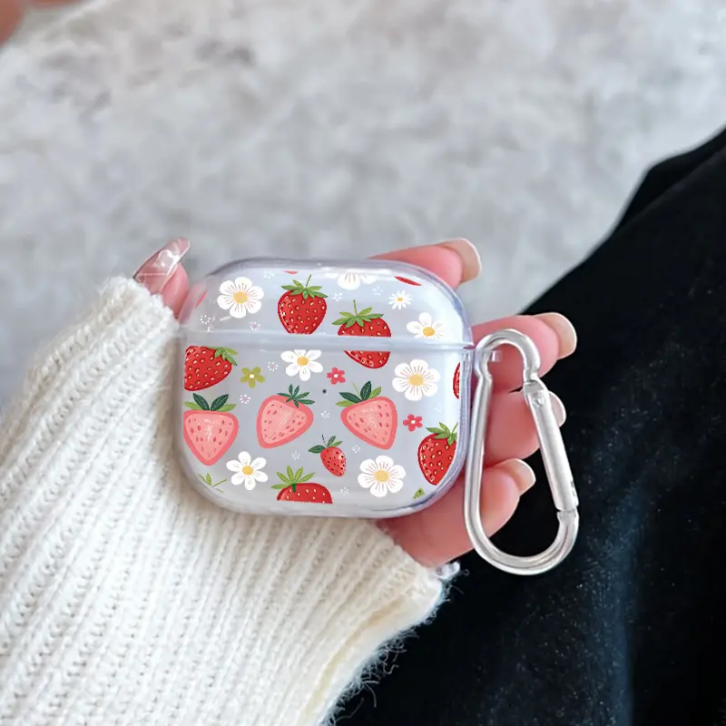 Strawberry Floral Delight Pattern Protective Case for AirPods 4/3/2/1/Pro/Pro2 Soft TPU Earphone Cover, Transparent with Keychain