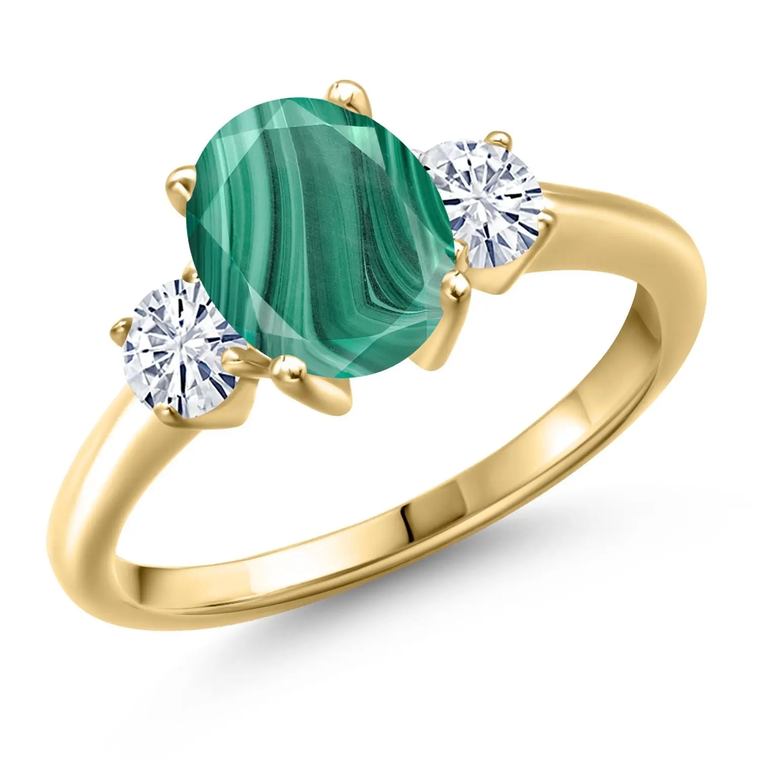 18K Yellow Gold Plated Silver Gemstone Birthstone and White Moissanite 3-Stone Engagement Ring for Women | Oval 9X7MM and Round 4MM | Three Stone Wedding Anniversary Promise Ring | Sizes 5, 6, 7, 8, 9