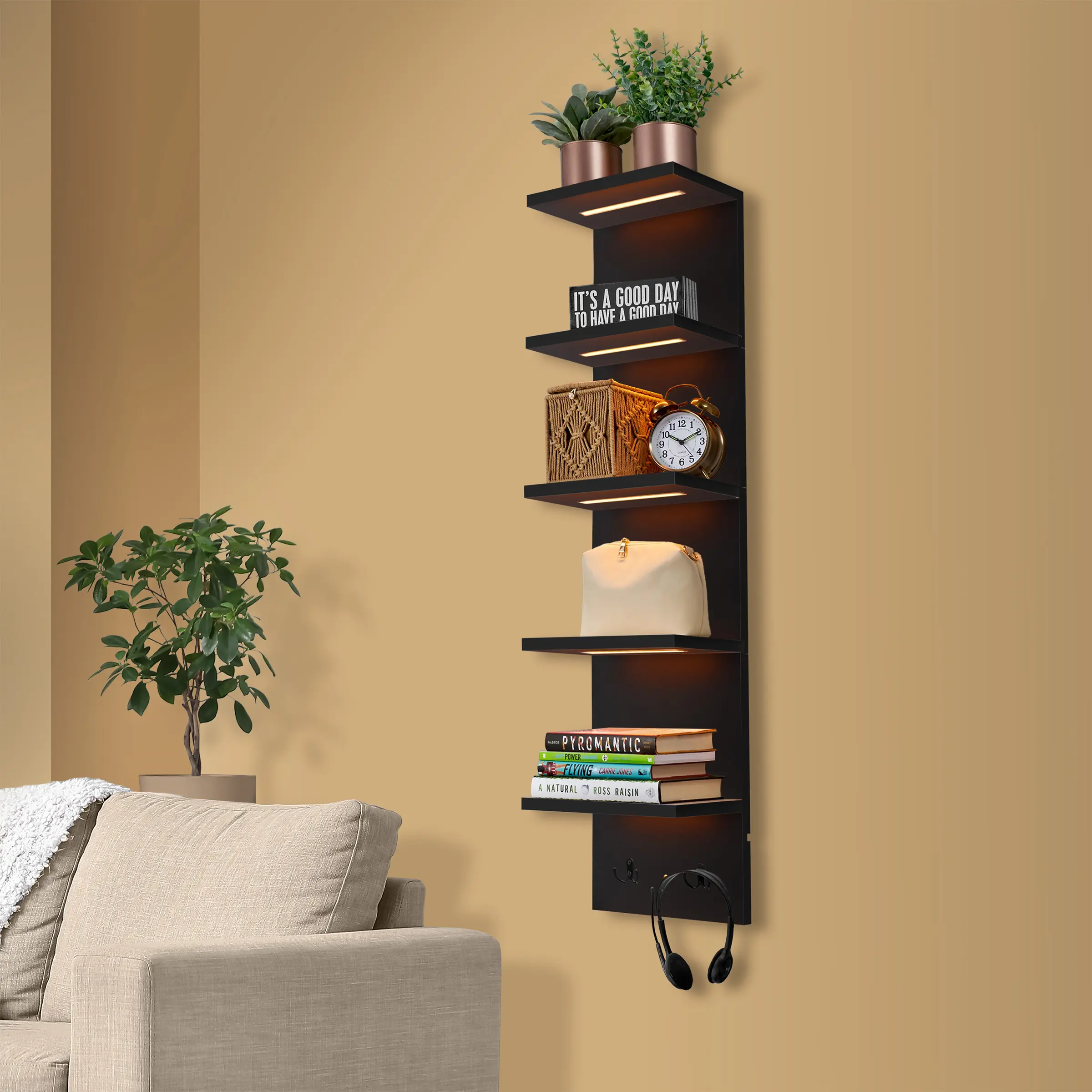Sorbus LED Light Display Shelf - Vertical 5 Tier Wall Shelf Unit with 2 Hooks Set, Wall-Mounted for Bathroom, Bedroom, Vanity & Action Figure Display Decoration Items, Gaming, Colognes, Perfumes, Collectibles