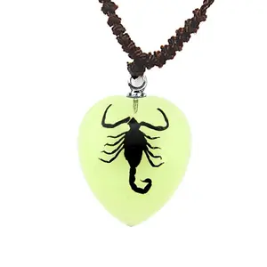 Real Black Scorpion Heart-Shaped Pendant Necklace, Glow in the Dark, Resin Jewelry, Adjustable Cord, Unique Design Gift