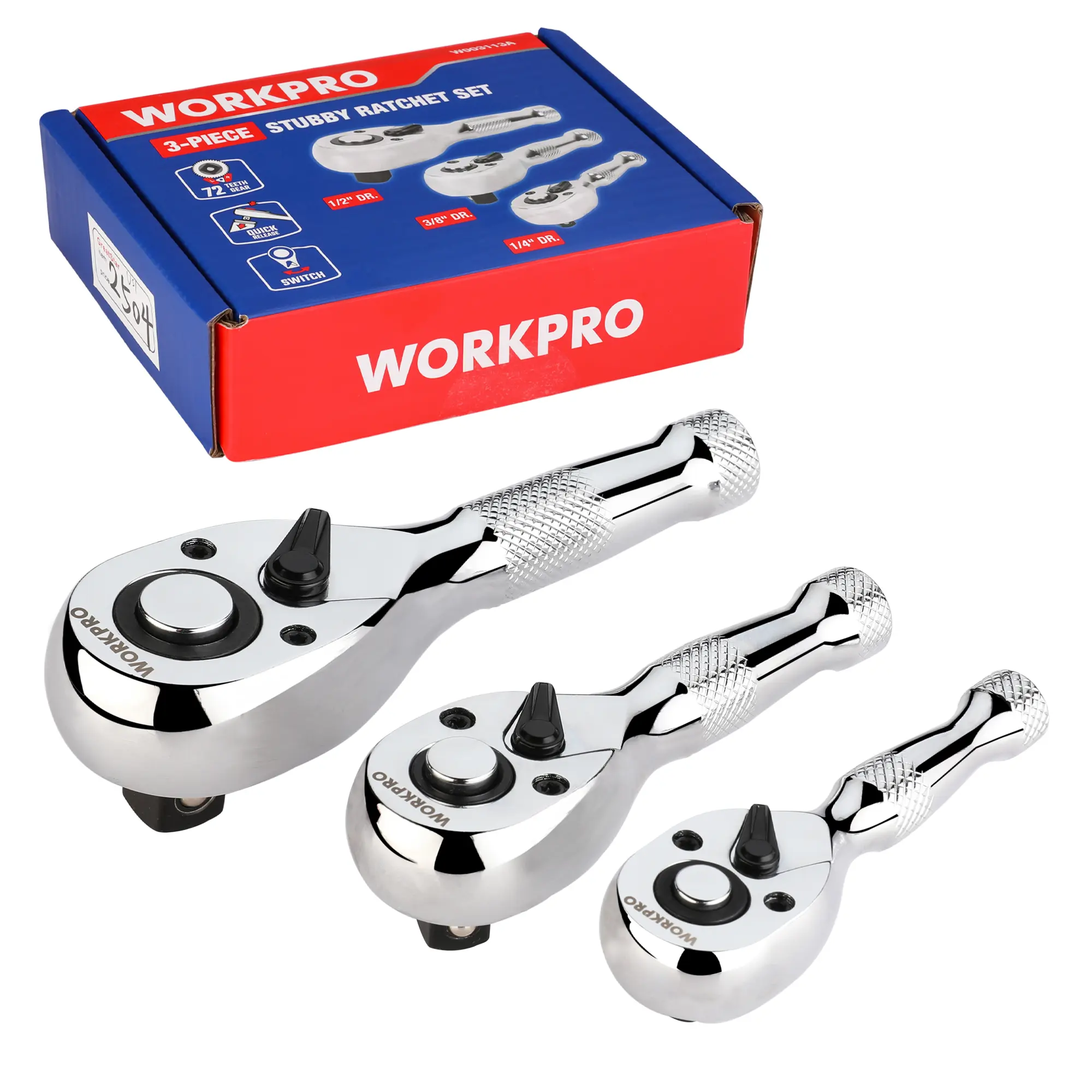 #summersale WORKPRO 3-Pack Stubby Ratchet Set, Quick Release Reversible, 1/4", 3/8", 1/2" Drive Mini Ratchet Handles, Chrome Alloy Made, CR-MO Head, 72-Tooth, Full Polished