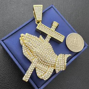 Large Religious Praying Hands Cross Bling Cubic Zirconia Iced Fashion Pendant Jewelry Hip Hop Style