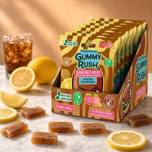 Gummy Rush Sour Belt Bites Cola Pop Candy Pack, Fizzy Cola Flavored Chewy Candy, Vegan Sour Gummies, 12 x 60g Bags Sweet Bonbon Snack Fruity
