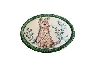Ceramic signed green basket style box with Bunny painted / drawn signed B Skyhar 2009