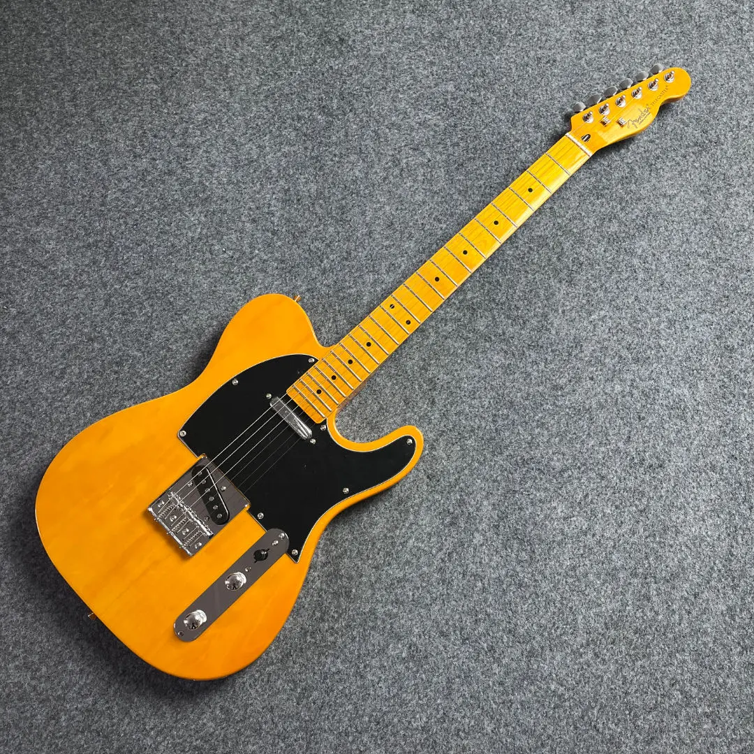 Handmade Yellow Tele Electric Guitar, 6 Strings, Fixed Bridge, Single Pickups, Mahogany Body, 39 Inch, Black Pickguards, for Rock Music