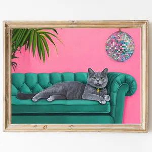 Gray Cat with Disco Ball Fine Art Print | Cute Quirky Whimsical | Cocktail Art Bar Cart Decor | Bar Cart Art | Trendy Home Wall Art Print, Unframed