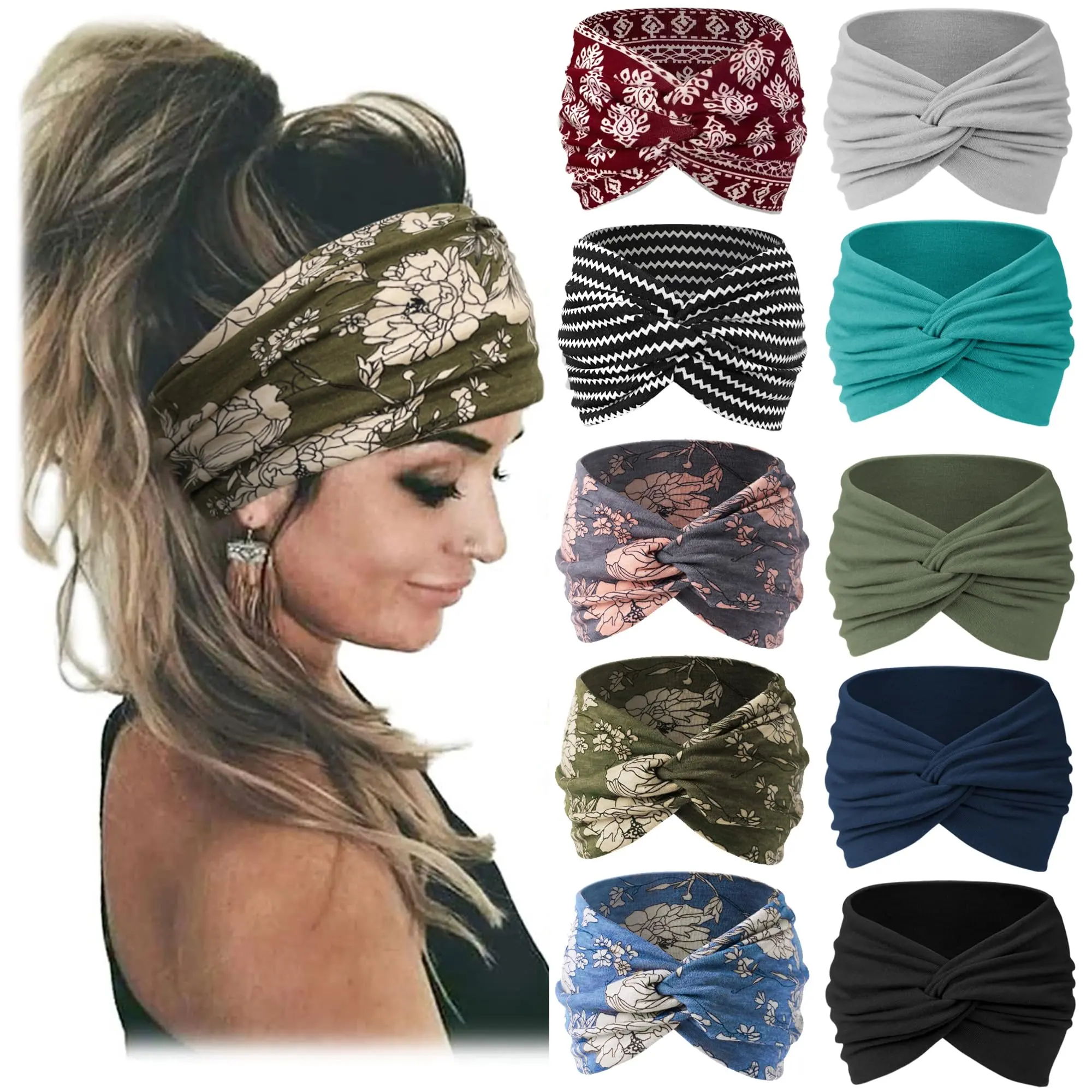 10 Pack African Wide Headbands for Women – Extra Large Turban Hair Wrap, Stretchy Non-Slip Headband for Thick Hair, Workout, Yoga, Running – Soft & Breathable, Great for Big Curly Hair, Braids, Locs