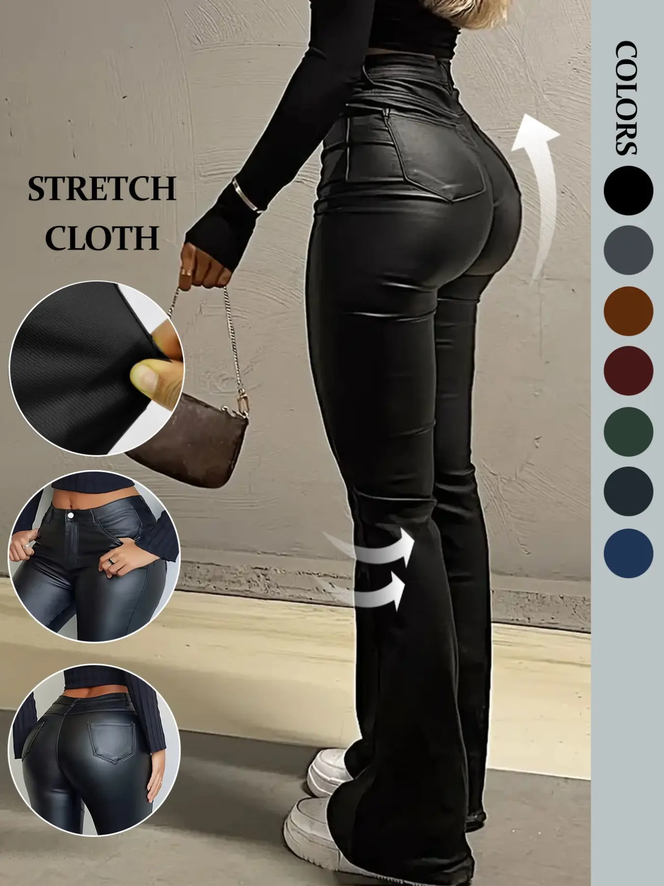 NVFelix Women Faux Leather Butt Lifting Leggings Flare High Waist Sexy Fit Elegant Style Bell Bottom Pants Button