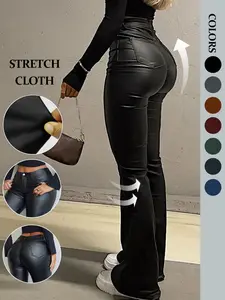 NVFelix Women Faux Leather Butt Lifting Leggings Flare High Waist Sexy Fit Bell Bottom Pants