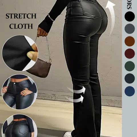 NVFelix Women Faux Leather Butt Lifting Leggings Flare High Waist Sexy Fit Basic Elegant Style Bell Bottom Pants Button