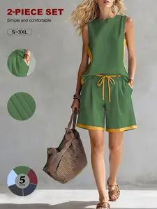 2026 New European and American Chic Style Sleeveless Colorblock Wide Leg Pants Set for Women, Summer Casual Fashion Two-Piece Womenswear Clothes