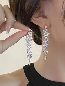 Leaf Design Rhinestone Decorated Dangle Earrings, Elegant Jewelry for Party, Daily Clothing Decor, Trendy All-match & Exquisite Jewelry for Birthday Gift
